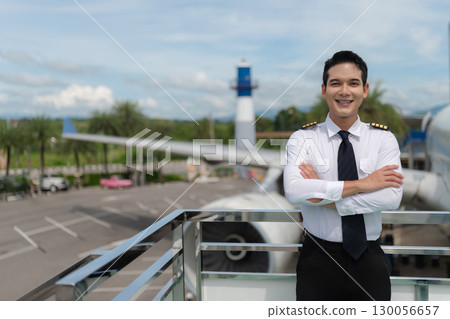 Portrait of a airplane captain in uniform preparing to fly 130056657