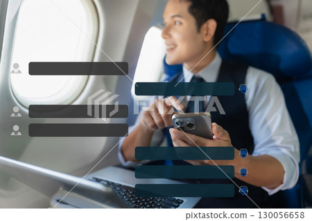 Smart AI Chatbot, male engaging in online conversation with AI assistant. Smart AI Chatbot, male engaging in online conversation with AI assistant. 130056658
