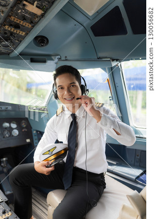 Portrait of a trained airplane captain in uniform preparing to fly in a simulator cockpit. Portrait of a trained airplane captain in uniform preparing to fly in a simulator cockpit. 130056682