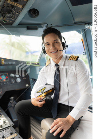 Portrait of a trained airplane captain in uniform preparing to fly in a simulator cockpit. 130056683