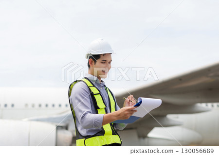 male engineer in a white hard hat stands inspecting and maintaining an aircraft as it moves through the hangar. 130056689