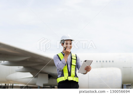 Male engineer in white hardhat standing and holding tablet working aircraft maintenance mechanics moving through hangar. 130056694