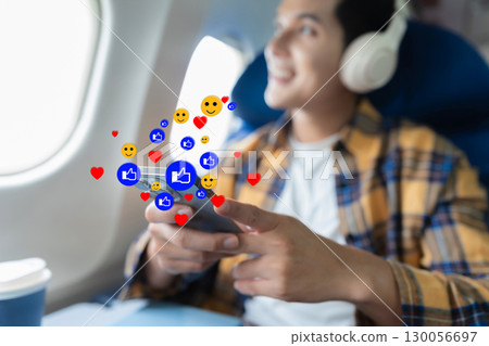 Happy man airplane travel, Portrait of man with journey. 130056697