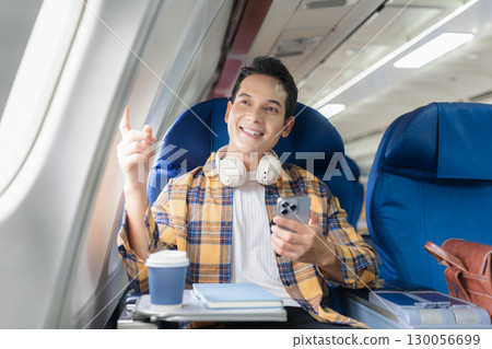 Happy man airplane travel, Portrait of man with journey. 130056699