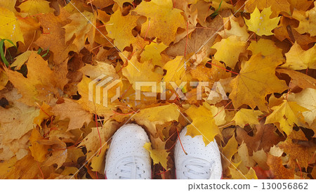 Girl stay with white shoes on yellow, orange leaves in the garden and much autumn trees near the houses. Nature colorful background. 130056862