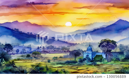Watercolor Indian landscape 130056889