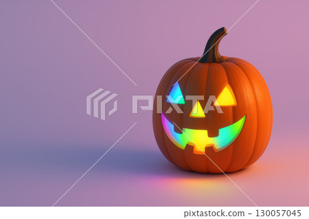 Halloween pumpkin glowing rainbow light minimal background smiling face orange color isolated object 130057045