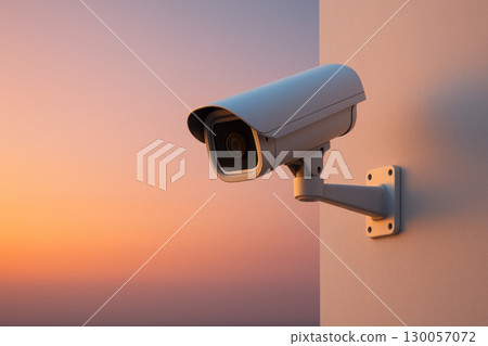 Modern outdoor CCTV security camera mounted on white wall with soft gradient sunset sky background, symbolizing surveillance and safety technology 130057072