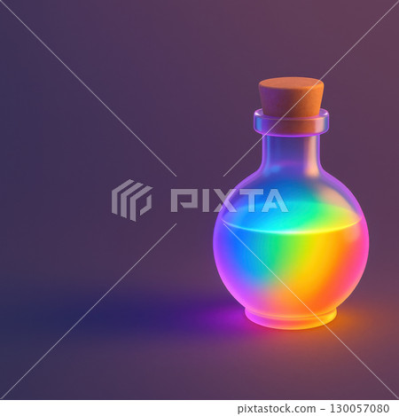 Potion bottle glowing liquid rainbow colors with cork stopper on minimal dark background creating magical atmosphere 130057080