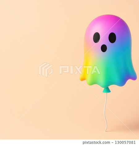 Rainbow ghost balloon with black eyes and mouth floating softly on pastel background, creating playful and colorful Halloween vibe Rainbow ghost balloon with black eyes and mouth floating softly on pastel background, creating playful and colorful Halloween vibe 130057081