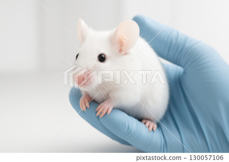 White laboratory mouse held gently by gloved hands in clean biomedical research setting with soft lighting and scientific focus 130057106
