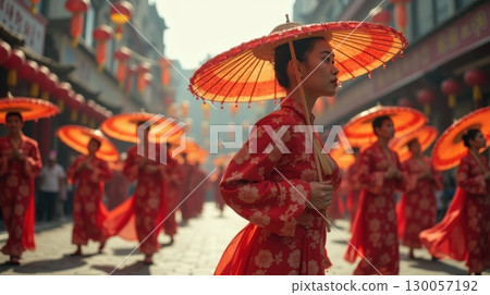 Chinese fan dancer in motion 130057192