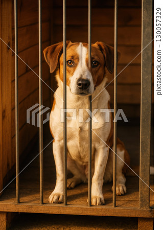 Brown and white dog sitting behind metal bars inside wooden kennel with warm sunlight creating calm and hopeful atmosphere 130057329