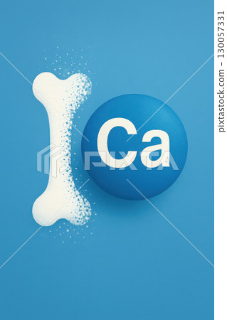 Calcium molecule with dissolving bone shape on blue background representing nutritional mineral supplement and bone health concept 130057331