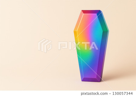 Rainbow coffin with metallic finish stands on beige background, creating vibrant and colorful Halloween concept with minimalistic style 130057344