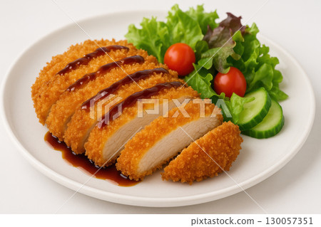 Crispy breaded chicken cutlet with savory sauce served with fresh lettuce, cherry tomato, and cucumber slices on white plate Crispy breaded chicken cutlet with savory sauce served with fresh lettuce, cherry tomato, and cucumber slices on white plate 130057351
