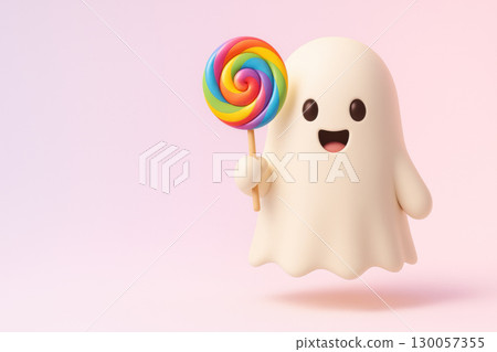 Happy ghost holding colorful rainbow swirl lollipop candy on pastel pink background with minimal style and cute expression 130057355