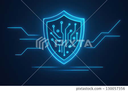 Cyber shield glowing lines with circuit pattern on dark background, symbolizing futuristic digital protection and secure technology 130057356