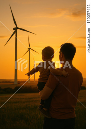 Father holding child pointing at wind turbine during sunset with warm orange sky and green field landscape 130057421