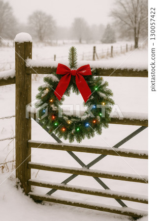 Festive wreath with red ribbon hanging on snowy farm gate rustic countryside winter holiday scene with colorful lights and peaceful atmosphere Festive wreath with red ribbon hanging on snowy farm gate rustic countryside winter holiday scene with colorful lights and peaceful atmosphere 130057422