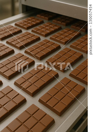Chocolate bar pieces arranged on metal tray in factory setting, showcasing smooth texture and uniform shape ready for packaging 130057454