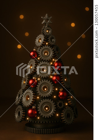 Metallic Christmas tree sculpture made from gears and mechanical parts with glowing lights and red baubles creating warm festive atmosphere 130057455