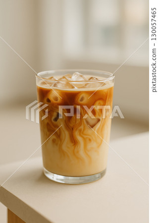 Iced caramel latte with creamy milk swirling in clear glass on light surface, soft natural lighting creating cozy atmosphere 130057465
