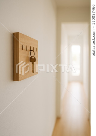 Minimalist wooden key holder mounted on white wall with single brass key hanging, bright hallway background creating calm and inviting atmosphere 130057466
