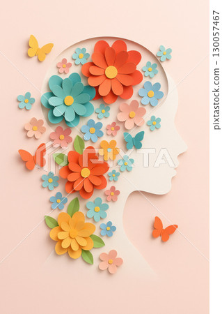 Colorful paper cut flowers and butterflies arranged inside female profile silhouette soft pastel background, symbolizing creativity and spring joy 130057467