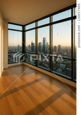 Modern high rise apartment interior with panoramic city skyline view through floor to ceiling windows warm wooden flooring 130057469