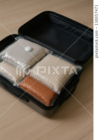 Vacuum sealed sweaters neatly packed in suitcase for space saving travel organization and efficient packing technique with cozy knitwear inside 130057471