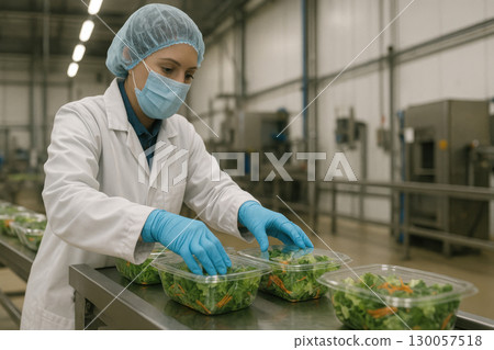 Worker in gloves and hairnet handling pre packaged salads on conveyor belt in food processing plant with focused expression 130057518