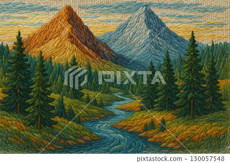 Embroidered landscape with towering mountains pine trees and flowing river colorful thread art scene evokes calm and natural beauty Embroidered landscape with towering mountains pine trees and flowing river colorful thread art scene evokes calm and natural beauty 130057548