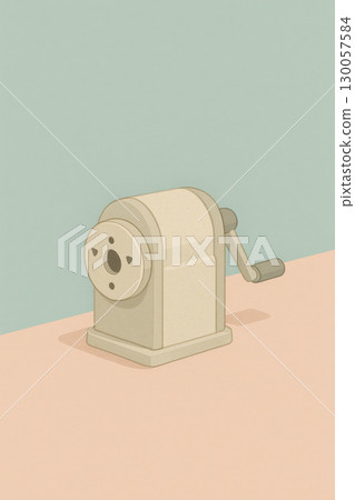 Minimal pastel illustration of classic metal pencil sharpener on soft blush pink desk with light teal wall background retro school supply concept 130057584