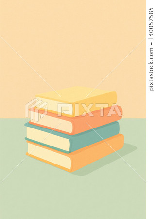 Minimal pastel illustration of stack of colorful textbooks on pale mint desk with warm beige wall background nostalgic learning vibe Minimal pastel illustration of stack of colorful textbooks on pale mint desk with warm beige wall background nostalgic learning vibe 130057585