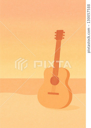 Minimal pastel sketch of acoustic guitar resting on sandy beach with warm sunset gradient sky creating calm mood Minimal pastel sketch of acoustic guitar resting on sandy beach with warm sunset gradient sky creating calm mood 130057588