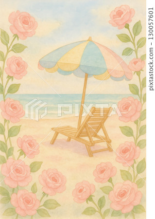 Pastel beach scene with striped umbrella and wooden lounge chair framed by blooming pink roses soft watercolor illustration Pastel beach scene with striped umbrella and wooden lounge chair framed by blooming pink roses soft watercolor illustration 130057601