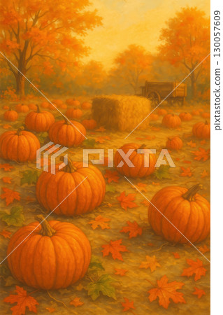 Pumpkin patch with bright orange pumpkins scattered on ground covered with colorful autumn leaves and hay bale under warm golden light 130057609