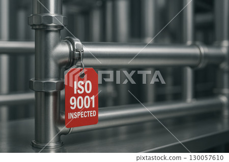 Stainless steel pipeline with red inspection tag reading ISO 9001 inspected, symbolizing industrial quality control and manufacturing standards Stainless steel pipeline with red inspection tag reading ISO 9001 inspected, symbolizing industrial quality control and manufacturing standards 130057610