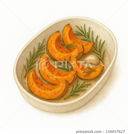 Roasted pumpkin slices with garlic and rosemary in ceramic dish, warm autumn food illustration with cozy and rustic feel 130057627