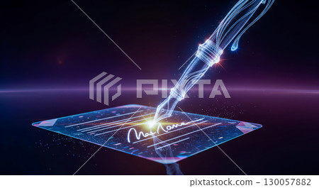 Electronic signature on digital contract with glowing futuristic pen, business technology concept for online agreement validation and secure document signing illustration 130057882