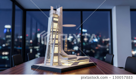 Futuristic skyscraper model on table in modern office at night, creative architectural design concept for ambitious real estate development and business success 130057883