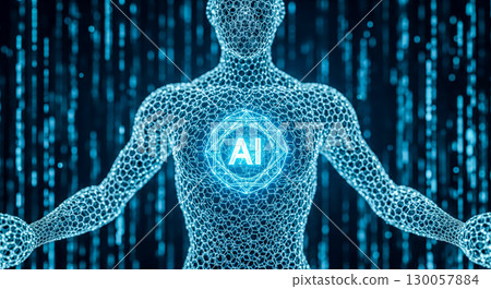 Closeup of digital human with artificial intelligence processor in chest, futuristic concept of cyborg technology and evolution of machine learning mind 130057884