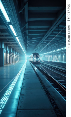A futuristic train arriving at a misty underground subway station 130057890