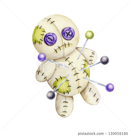 Patchy voodoo doll with purple and green stitched areas, multiple pins and mismatched buttons. Watercolor clipart in seamless pattern use for digital decor or printable kits 130058180
