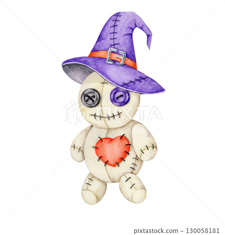 Beige voodoo doll with red heart patch, black stitches, and purple hat. Watercolor illustration and seamless pattern asset ideal for themed packaging, crafts, or Halloween cards 130058181
