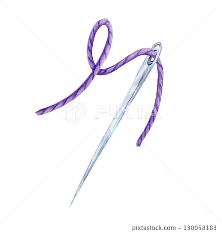 Silver needle threaded with violet string in a bow shape. Watercolor clipart festive composition element ideal for sewing-themed Halloween designs, stickers, or invitations Silver needle threaded with violet string in a bow shape. Watercolor clipart festive composition element ideal for sewing-themed Halloween designs, stickers, or invitations 130058183