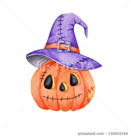 Orange jack-o-lantern pumpkin with purple witch hat and buckle, painted in watercolor clipart style. Festive composition element for Halloween invitations, stickers, apparel, and mugs Orange jack-o-lantern pumpkin with purple witch hat and buckle, painted in watercolor clipart style. Festive composition element for Halloween invitations, stickers, apparel, and mugs 130058184