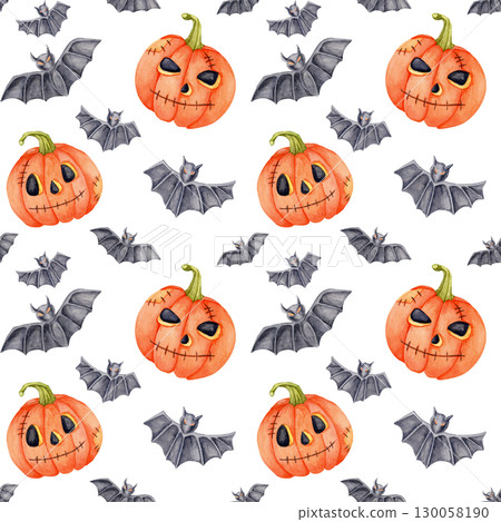 Smiling jack-o'-lanterns with cartoon faces and gray bats in a fun Halloween watercolor illustration seamless pattern. Ideal for textile prints, stickers, and themed invitations. Smiling jack-o'-lanterns with cartoon faces and gray bats in a fun Halloween watercolor illustration seamless pattern. Ideal for textile prints, stickers, and themed invitations. 130058190