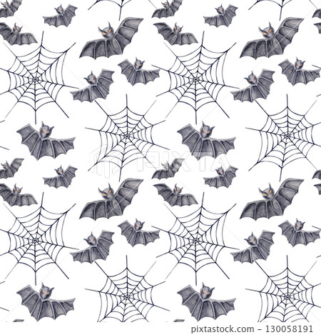 Webs and gray bats in a black watercolor illustration seamless pattern. Designed for Halloween-themed textiles, printable decor, and seasonal surface design applications. 130058191